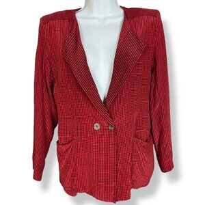 Vintage Silk Blazer Top John Yang Double Breasted Red Black Houndstooth‎ 1980s